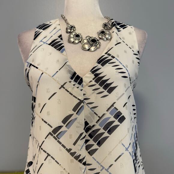 White House Black Market WHBM Blue Silver Chiffon Sleeveless Blouse Top XS - Picture 2 of 6
